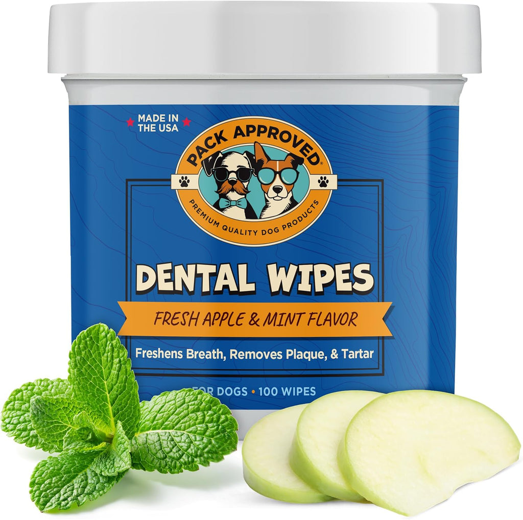 Dental Wipes for Dogs - Dog Teeth Wipes for Oral Care, Tartar and Plaque Remover - Cleans and Freshens Breath for Dogs with Fresh Apple & Mint Scent - Dog Teeth Cleaning Pads – 100 Count