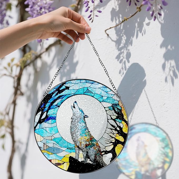 Stained Glass Window Hanging, Stained Glass Suncatcher, Wolf Sun Catcher, Window Decor, Wolf Lover Gift, Gifts for Fathers Day, Christmas or Birthday Gift, Gifts for Men Him Dad Grandfather Son