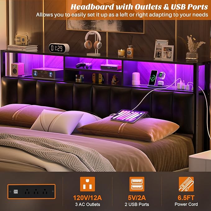 Aheaplus Headboard for King Size Bed with Storage, Upholstered Headboards with Outlets, USB Ports and LED Light, Reversible King Size Head Board, Height Adjustable, Comfortable Headboard, Black