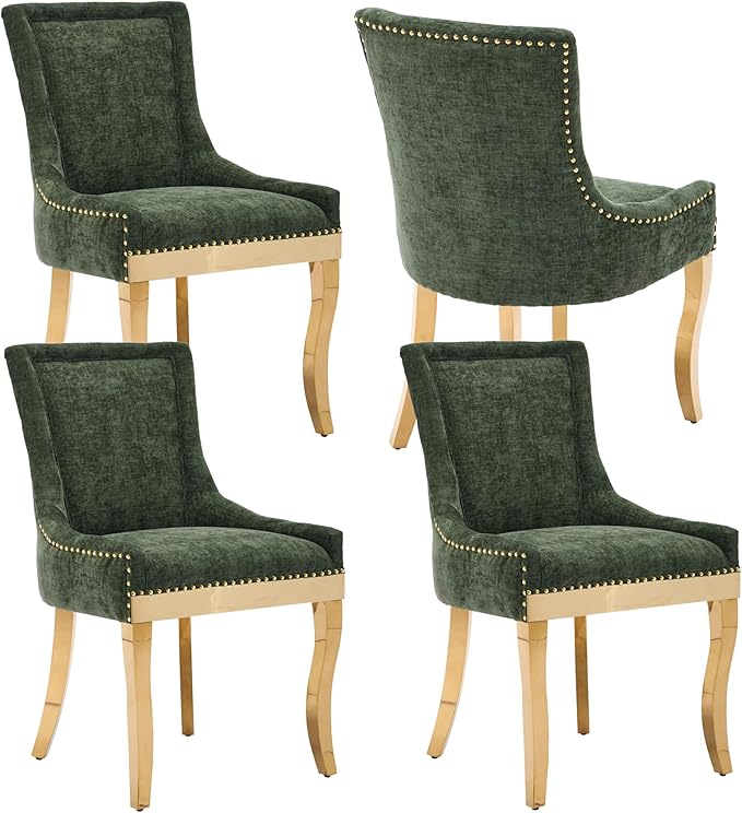 Luxury Fabirc Upholstered Dining Chairs Set of 4,Neutral Chenille Kitchen Room Chair with Nailhead Trim,4 Piece Modern Side Chairs for Dining Room,Living Room,Bar (Olive Green-Gold, Set of 4)