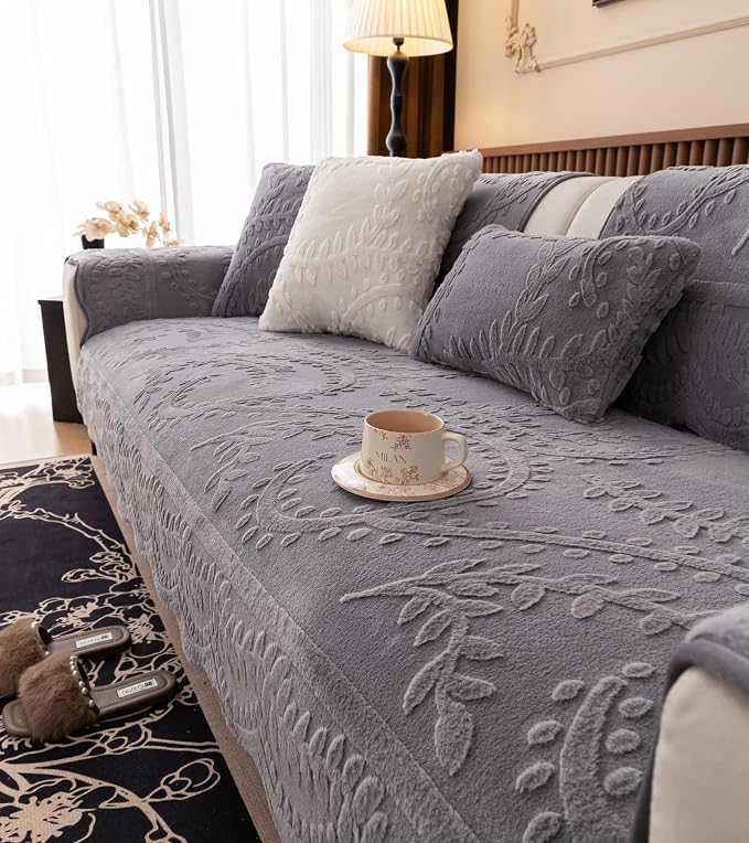 Grey Fuzzy Rabbit Plush Sofa Cover Cozy Warm Sofa Couch Covers with 3D Jacquard Leaf Pattern Non-Slip Easy-to-Install Shaggy Sofa Slipcover Prefect for Kids Dogs Cats Cats(Grey,36"x102")