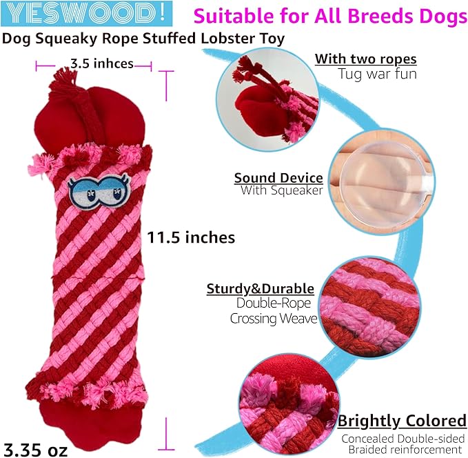 YESWOOD! Dog Squeaky Cocodie Rope Toy Pink Cute Stuffed Lobster,Durable Puppy RopeToy for Aggressive Chwers Tug of War Fetch Chew Toys for Teething Small Medium Breed 10-105 Pounds Interactive Gifts