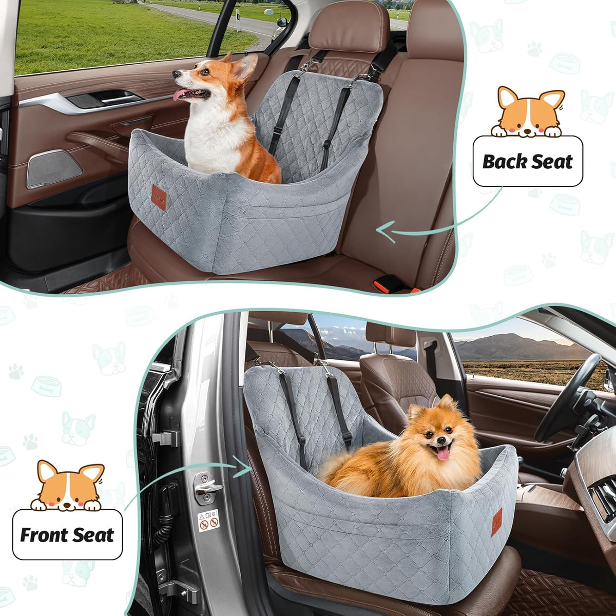 Dog Car Seat for Medium Dogs Up to 35lbs,Fully Detachable and Washable,Easy to Install with Adjustable Straps,Anti-Slip Bottom Travel Car Bed for Pets,Two Side Pockets(Grey,Medium)