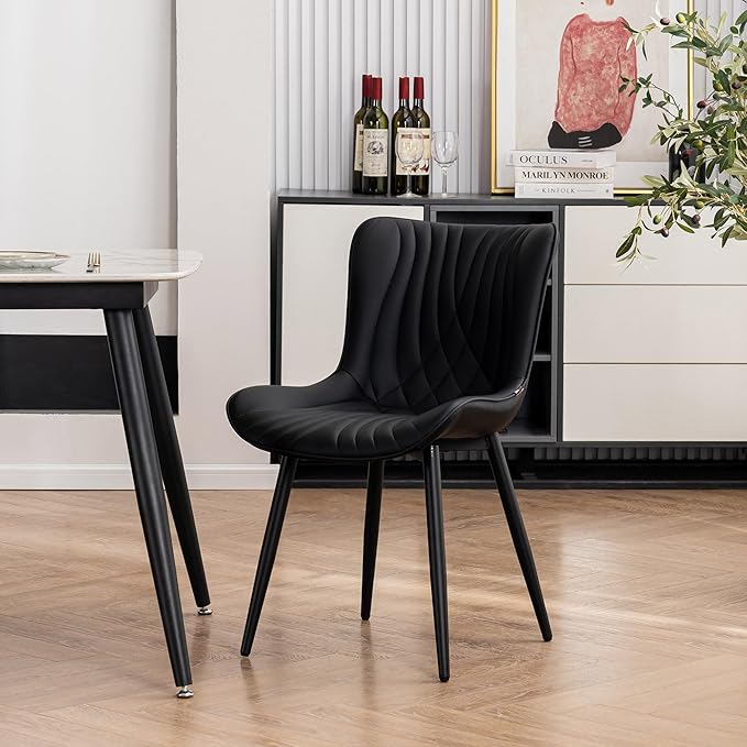 Kidol & Shellder Black Dining Chairs Set of 2,Faux Leather Upholstered Mid Century Modern Kitchen&Dining Room Chair with Back,Ergonomic Armless Vanity&Living Room Chair with Metal Legs