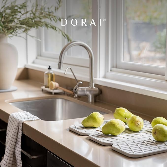 Dorai Home Ceramic Dog Bowls + Stone Drying Mat - Dog Food and Water Bowl Set with Non-Slip Base that Absorbs Spills and Drips - Made with Diatomaceous Earth for Quick Drying - 23.6" x 15.4" - Slate