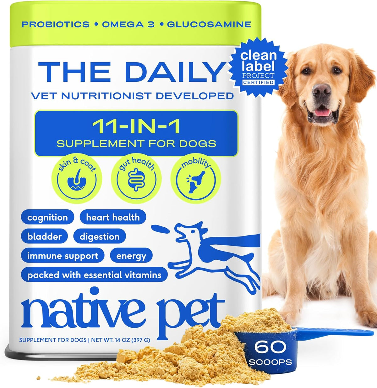 Native Pet Dog Vitamins & Supplements - 11-in-1 Multivitamin Powder for Dogs Food Topper - Collagen, Glucosamine, Probiotics, Omega & More- Supports Healthy Gut, Mobility & Overall Health -60 Scoops