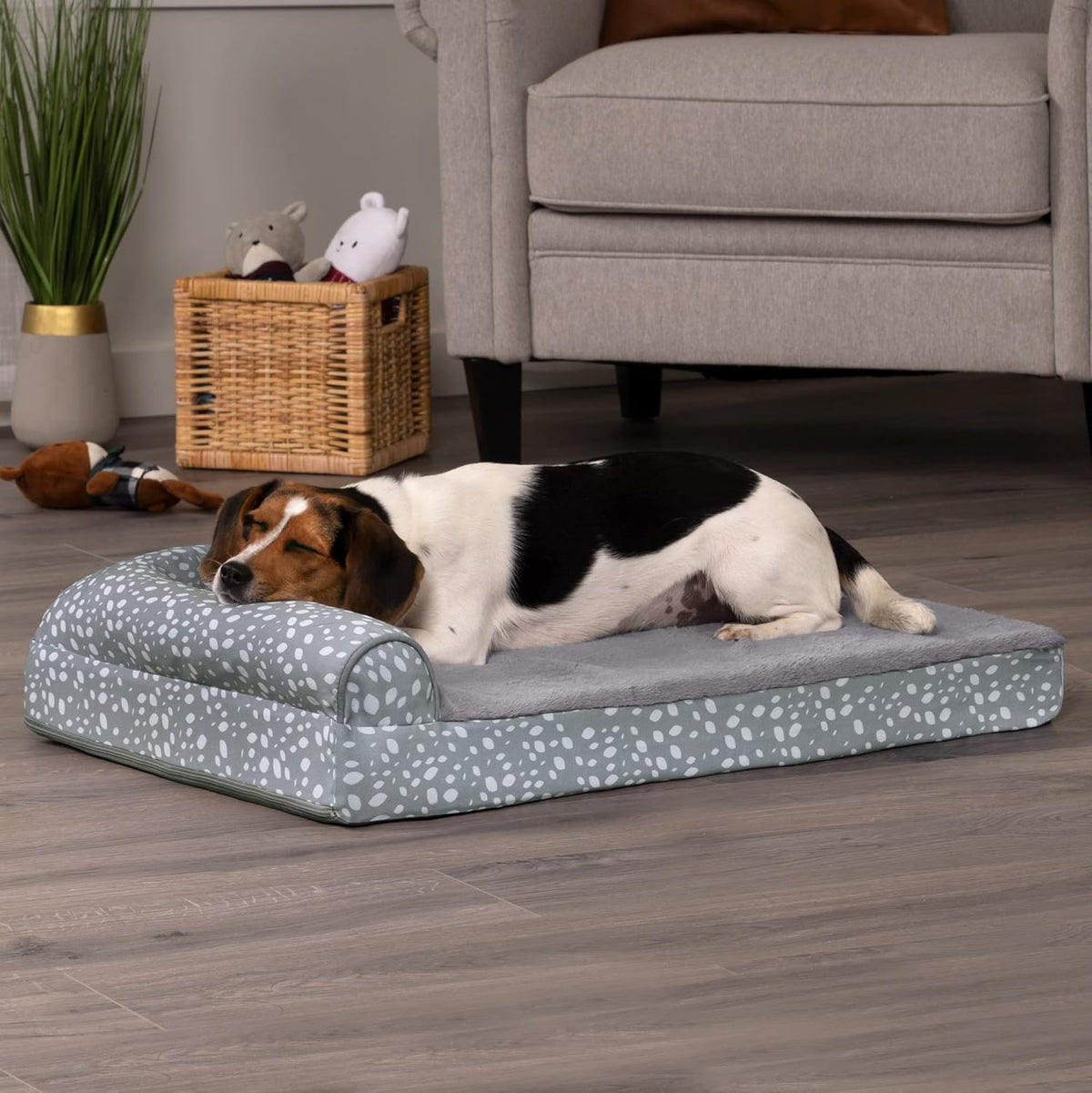 FurHaven Supportive Cooling Memory Foam L Chaise Dog Bed with Washable & Removable Cover - Plush & Almond Print - Gray Almonds, Dogs Up to 35 lbs - Medium