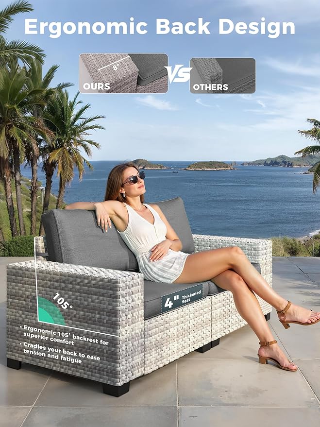 16 Piece Outdoor Wicker Rattan Sectional Sofa Set with Swivel Chairs & Fire Pit Table, 12-Seats with 4" Thickened Cushions & Coffee Table, All-Weather PE Rattan for Garden, Backyard, Porch, Black