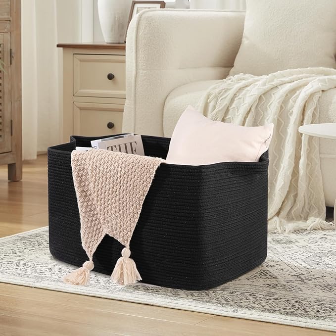 95L Extra Large Blanket Basket, 24" x 16.9" x 14.2" Woven Storage Basket for Living Room, Rectangle Nursery Blanket Storage for Toys, Towels, Dirty Clothes (Black)