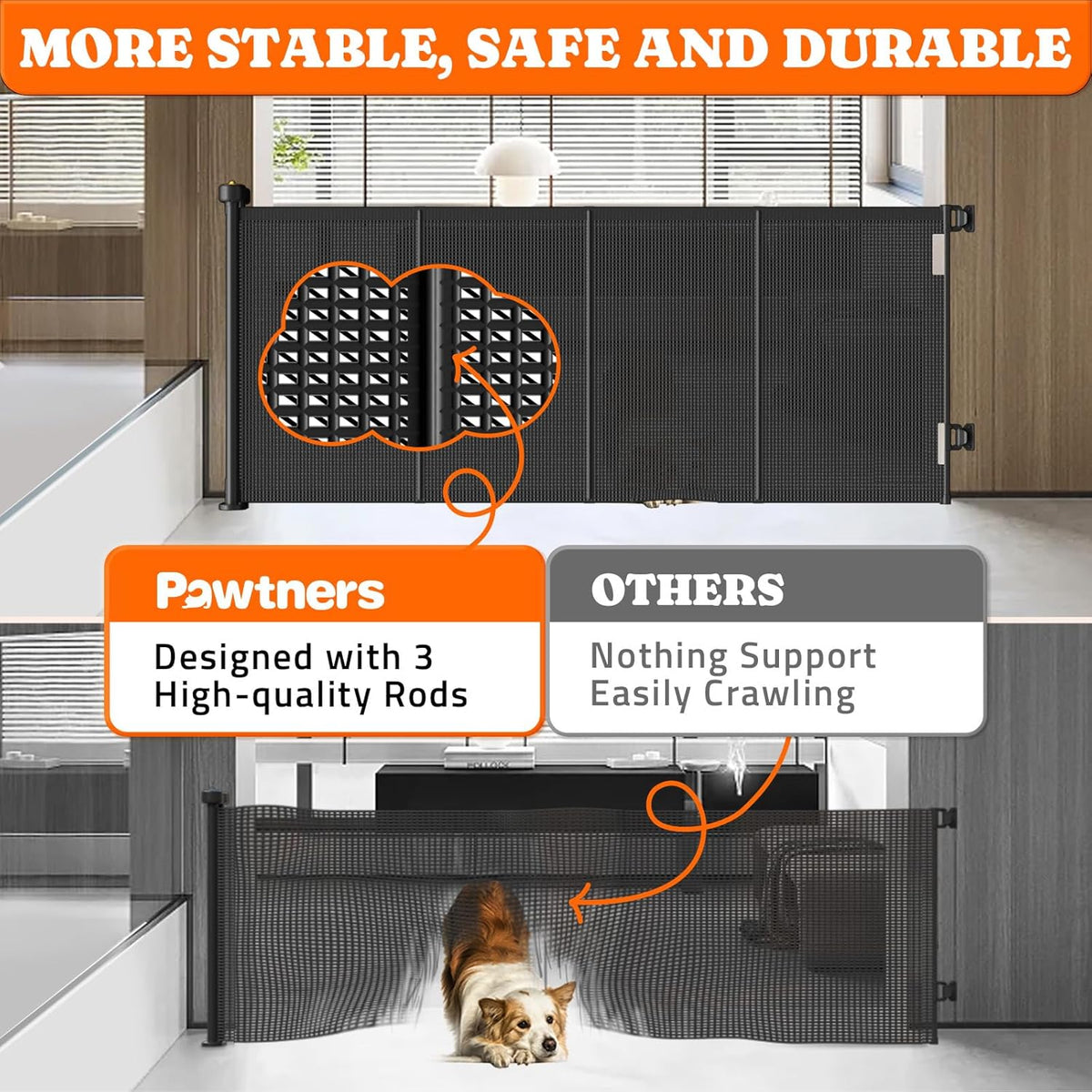Pawtners Retractable Baby Gates Extra Wide, 41" Tall Extends up to 71" Wide, Dog Gate Indoor for Stairs, Pet Gate with Support Rods for Doorways Hallways Indoor & Outdoor-Black