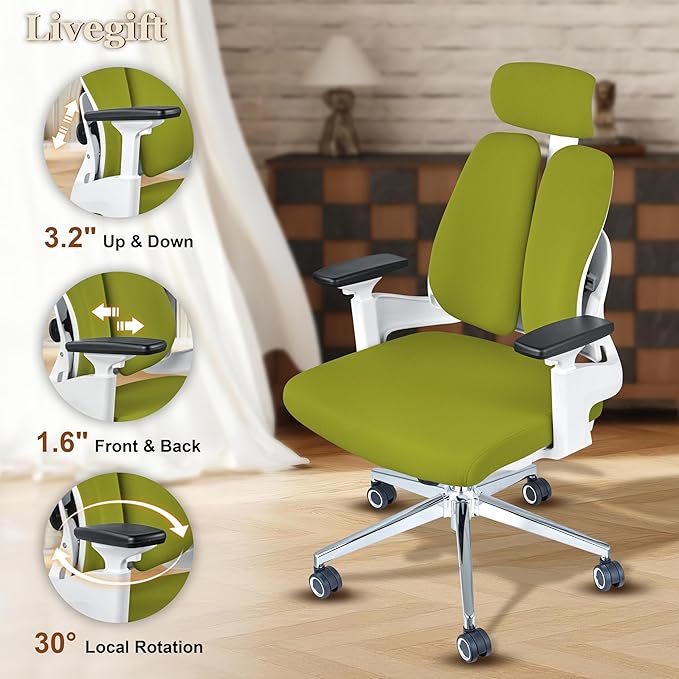 Big and Tall Office Chair 500lbs, Extra Wide 20" Seat and Reinforced Frame, Dual-backrest Ergonomic Desk Chair with Headrest and Flip-Up Arms, High Back Task Chair for Back Pain-Green