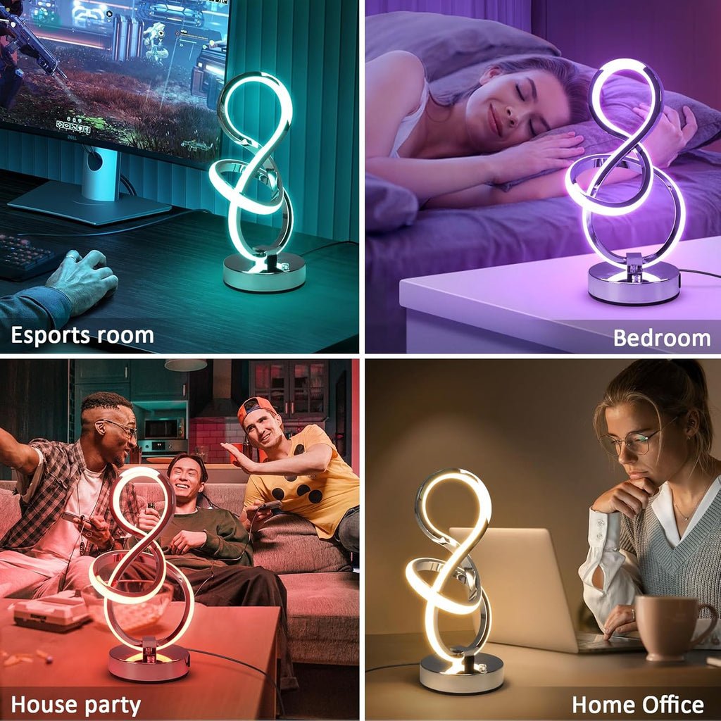 Modern Spiral Table Lamp, 7 Colors 10 Light Modes LED Nightstand Small Lamp with USB C+A Ports, Touch Dimmable Lamps for Living Room Bedroom Bedside, Unique & Cool Lamps,Silver
