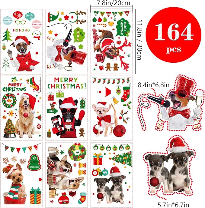 Christmas Window Cling Dog Stickers for Window Glass, 164 PCS 9 Sheets Xmas Decals Decorations Christmas Dog Tree Bells Decals for Holiday Party