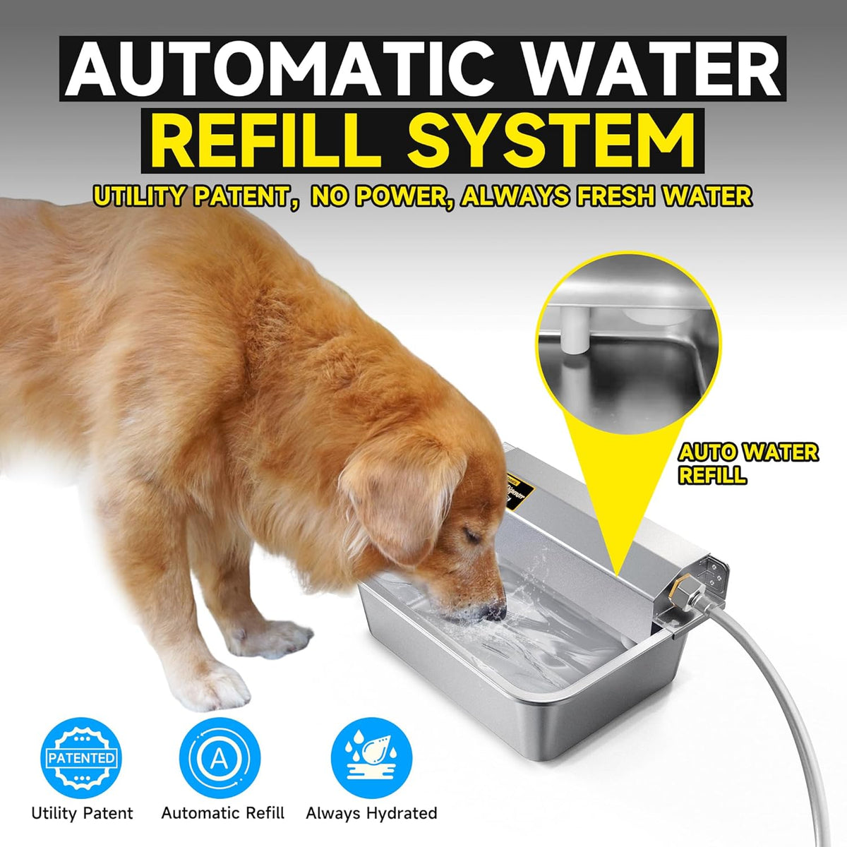 Automatic Dog Water Dispenser, 2 Gallons 304 Stainless Steel Large Dog Water Bowl Dispenser for Indoor/Outdoor, Pet & Livestock Water Feeder, Auto Fill, Fits GHT 3/4" Faucet, Easy to Clean