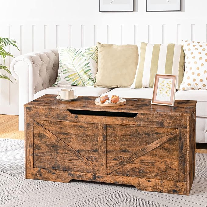 HOOBRO Storage Bench, 43.3” Retro Wooden Storage Chest with U-Shaped Cut-Out Pull, Safety Hinge, Supports 220 lb and Easy Assembly for Toy Box Organizer (Rustic Brown) BF772CW01