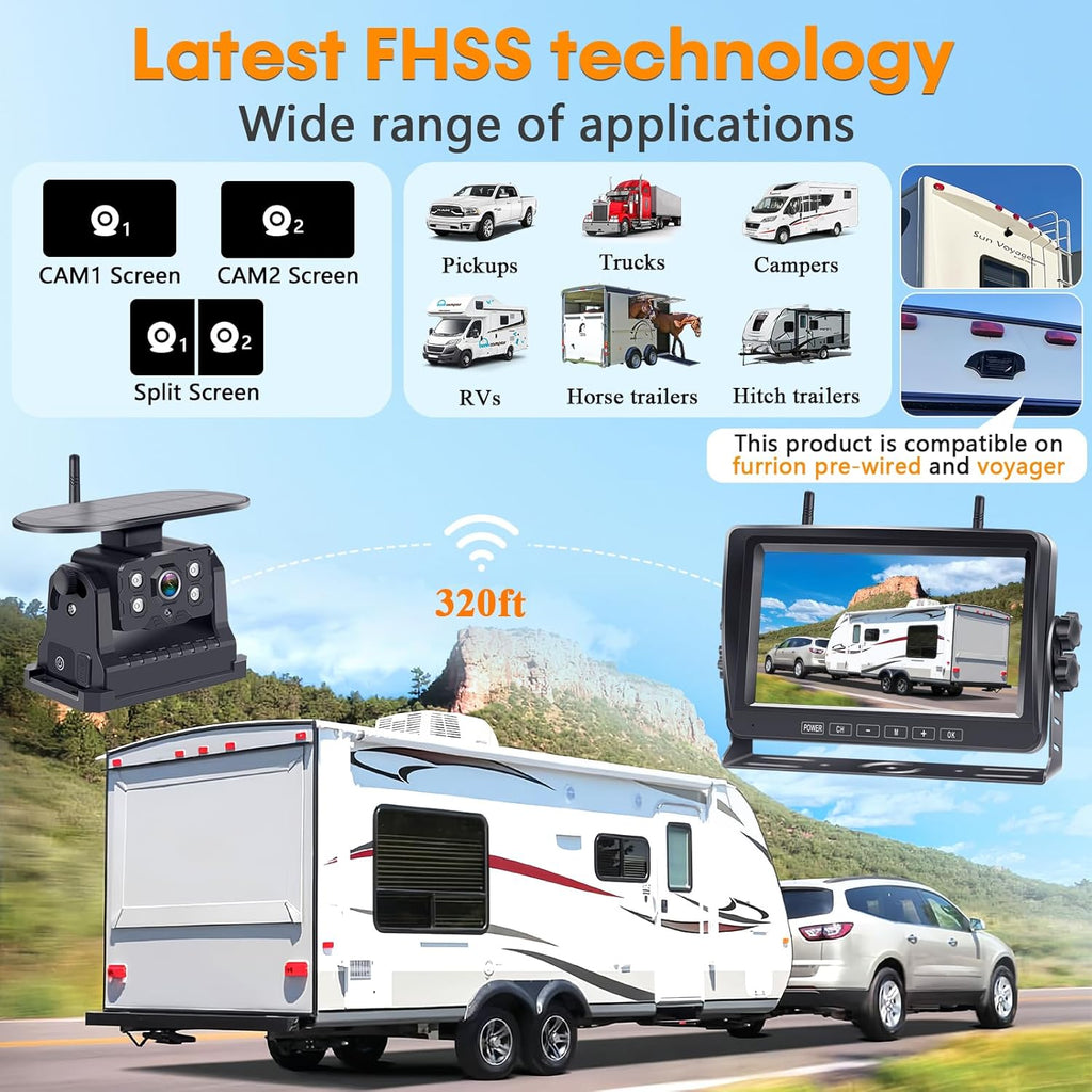 Dual RV Backup Camera Wireless with Magnetic - Recording 1080P HD Solar Rear View Camera Install-Free 7 Inch Touch Button Monitor No-Delay Signal for Truck Trailer YWD-902