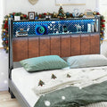 VINGLI Full Size Headboard Only, Adjustable Upholstered Headboard with 2 Tier Shelves and Pegboard with Charging Stations and LED Lights, Modern Bed Headboard with Storage for Bedroom Decor