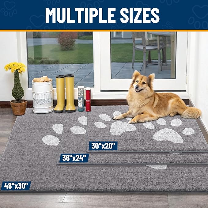 Smiry Dog Door Mat for Muddy Paws, Absorbs Moisture and Dirt, Low-Profile Entryway Mat with Non-Slip Backing, Entry Indoor Outdoor Doormat for Inside Floor (70x24 Inches, Light Grey, Paw)