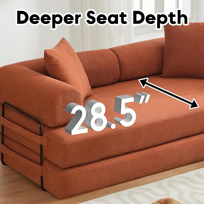 Convertible Sleeper Sofa Bed with Cylindrical Pillow, Corduroy Folding Mattress Couch with Fixed-Shape Frame, Floor Sofa Lounge Couch for Living Room Bedroom Lounge Studio, Orange