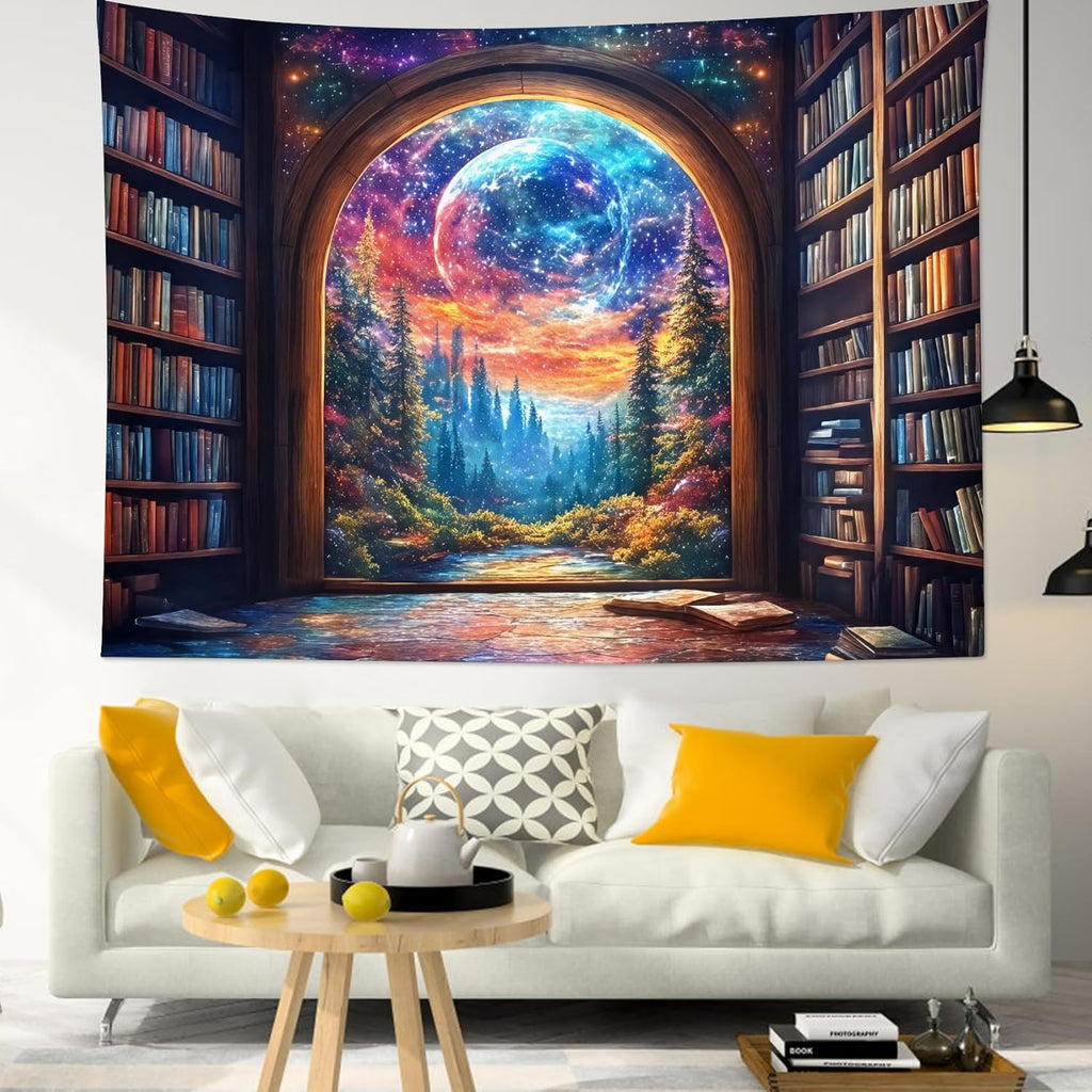 LB Fantasy Bookshelf Moon Tapestry, Forest Tree and Vintage Library Classroom Wall Tapestry for Bedroom, Galaxy Cool Wall Art for Living Room Dorm Home Decor Ready to Hanging, 60 x 40 Inches