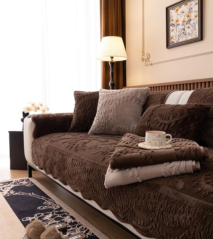 Fuzzy Rabbit Plush Sofa Cover Cozy Warm Sofa Couch Covers with 3D Jacquard Leaf Pattern Non-Slip Easy-to-Install Shaggy Sofa Slipcover Prefect for Kids Dogs Cats Cats(Caramel,36"x102")