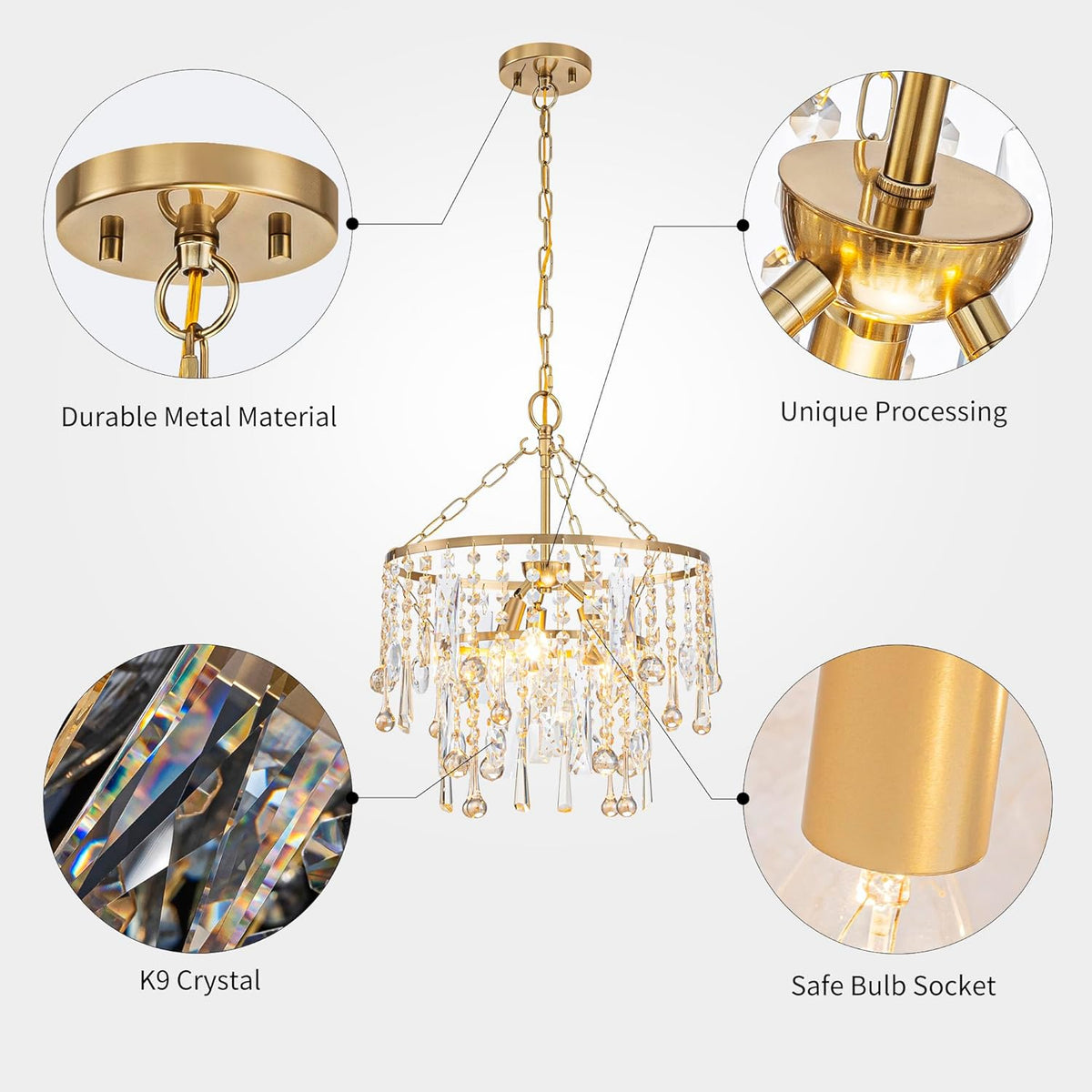 3-Lights K9 Crystal Chandeliers, Luxury Vintage Pendant Light Fixture for Dining Room, Living Room, D15*H20.4~66.8 inch (Adjustable), Clear Crystal & Gold Finish