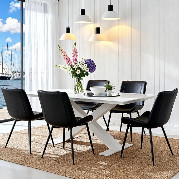 Brage Living Dining Chairs Set of 2, PU Leather Modern Armless Kitchen Dining Room Chairs, Upholstered Accent Side Chairs with Metal Legs (Black)