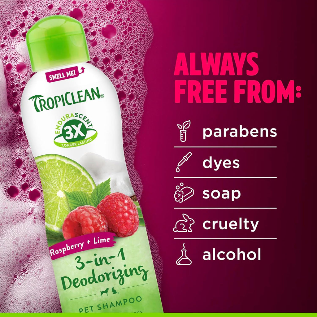 TropiClean Deodorizing Dog Shampoo, Powerful Odor Control, Long-Lasting Raspberry Lime Scent, Puppy Safe, Made in The USA, Cat Friendly, 20oz.