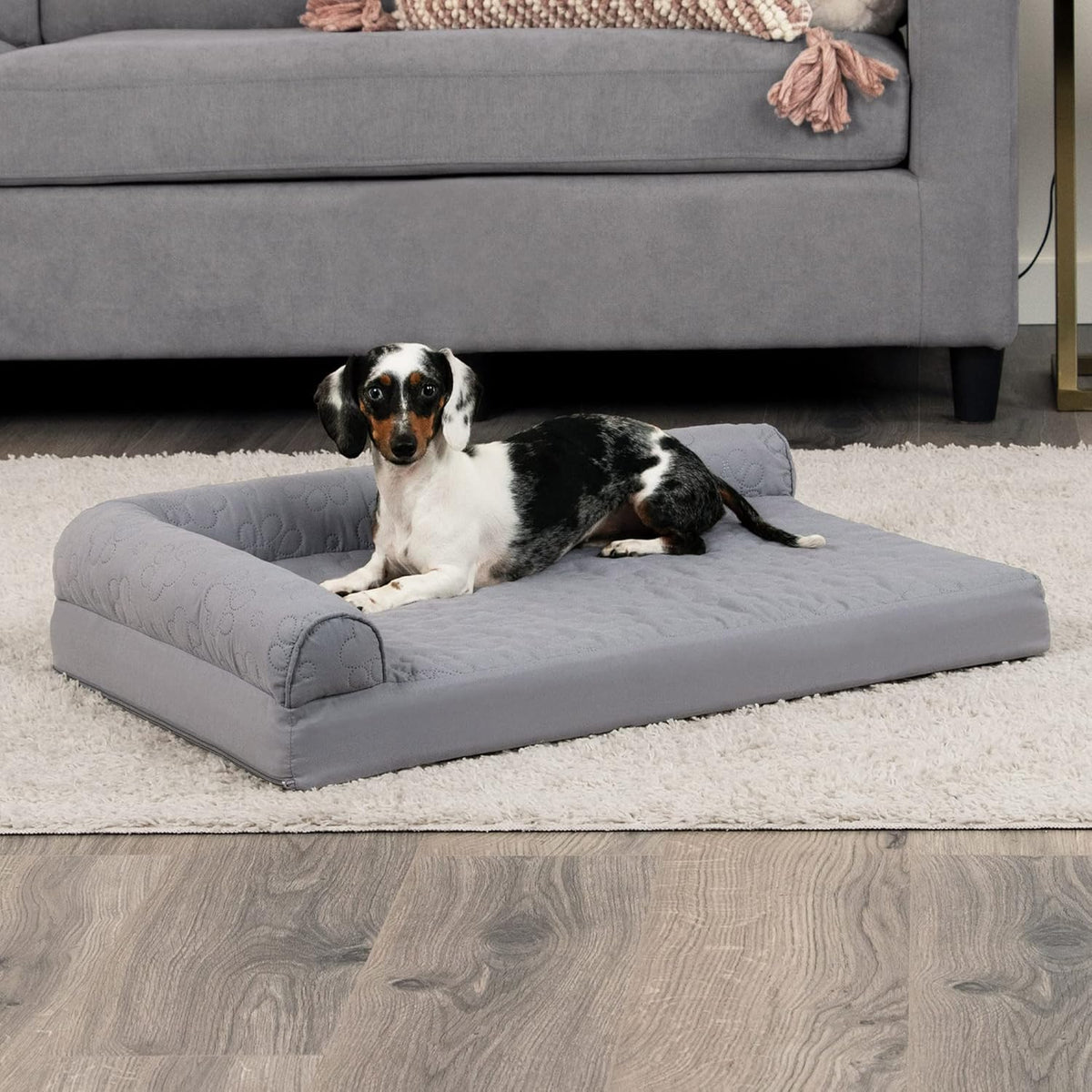 Furhaven Cooling Gel Dog Bed for Medium/Small Dogs w/ Removable Bolsters & Washable Cover, For Dogs Up to 35 lbs - Pinsonic Quilted Paw L Shaped Chaise - Titanium, Medium