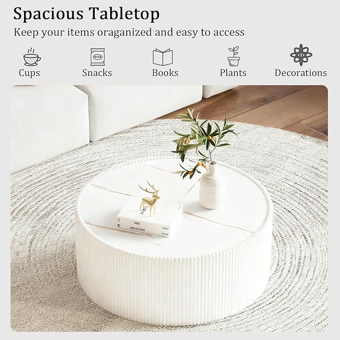 Round Coffee Table Set with Sintered Stone Tabletop, 29.52" White Drum Center Table and 17.71" White Coffee Table Set, 2 Pieces Living Room Table Set with Fluted PU Leather Cover& Stable Base