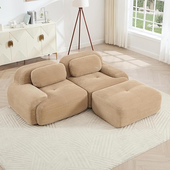 Camel Ottoman for Modular Sectional Sofa, Corduroy Deep Seat for Oversized Compressed Boneless Sectional Couches for Living Room Bedroom Apartment, Cloud Sofa Couch Set, Memory Foam, No Assembly