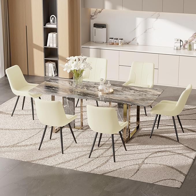Upholstered Dining Chairs Set of 6, Modern Faux Leather Dining Room Chairs with Thick Cushion and Metal Legs, Kitchen Chairs with Back for Dining Room, Cream