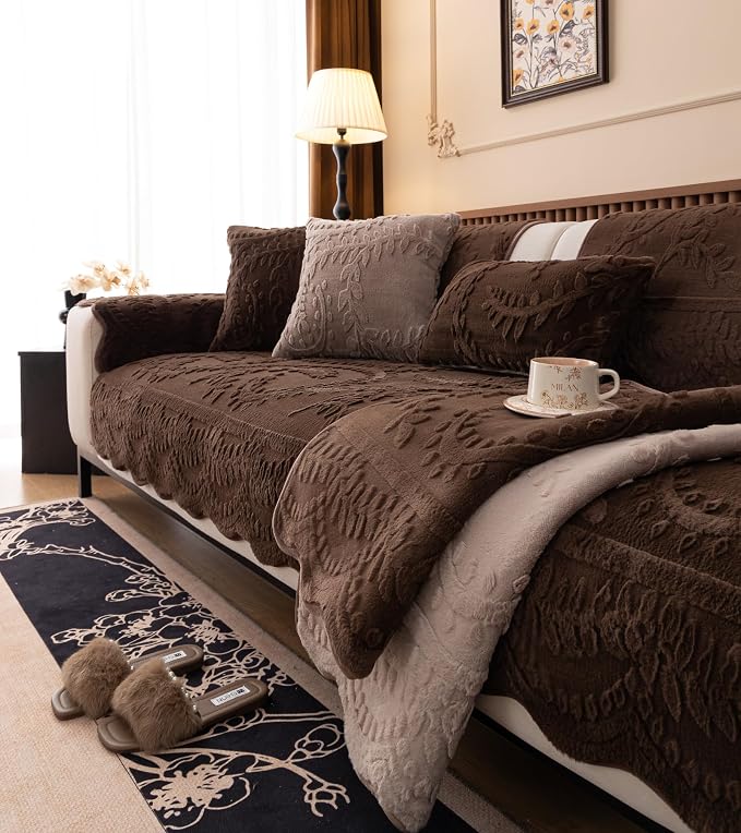 Fuzzy Rabbit Plush Sofa Cover Cozy Warm Sofa Couch Covers with 3D Jacquard Leaf Pattern Non-Slip Easy-to-Install Shaggy Sofa Slipcover Prefect for Kids Dogs Cats Cats(Caramel,36"x110")
