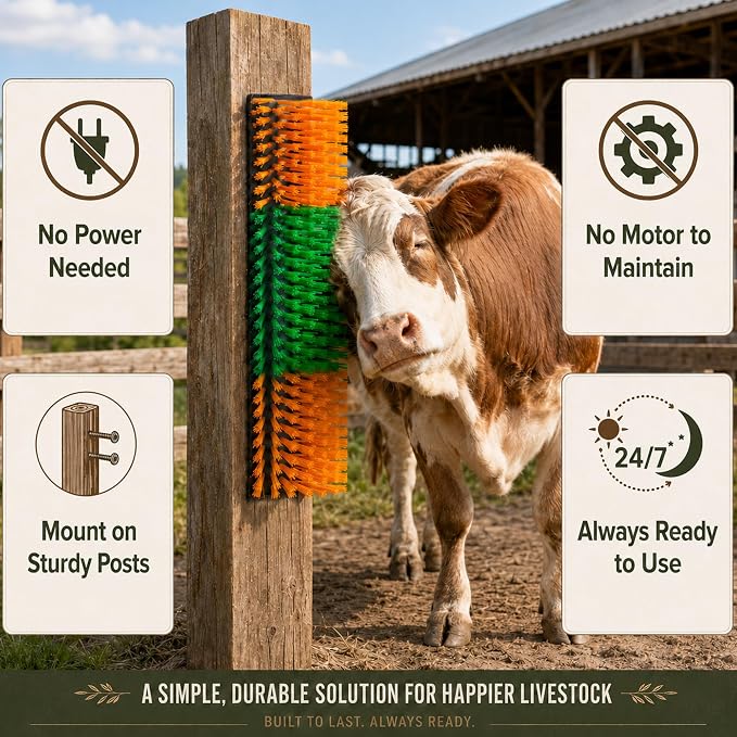 Livestock Scratching Brush, 4-Pack-Grooming Posts for Cows, Horses, Goats and Pigs with 8 Screws, Help Relieve Discomfort in Livestock and Prevent Damage to Fences