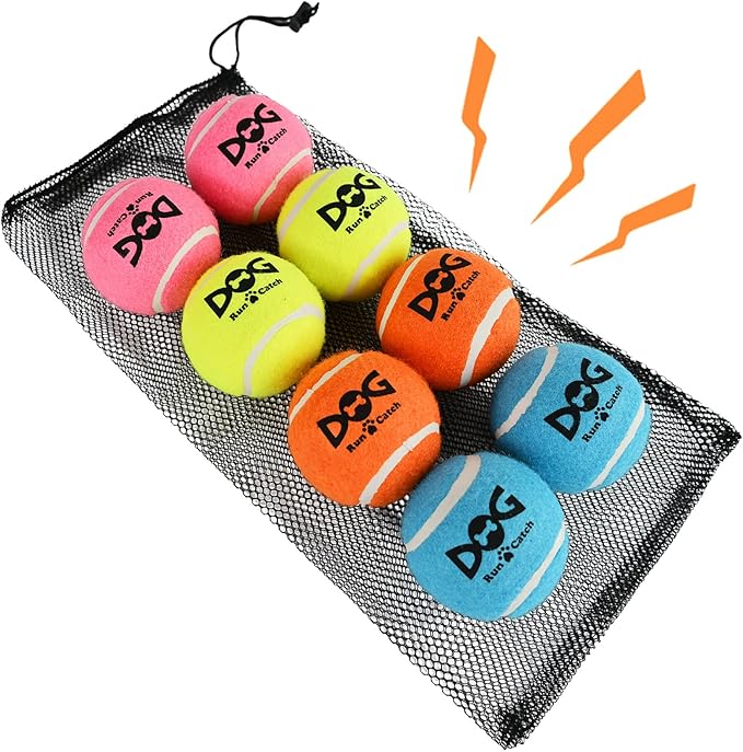 Large Squeaky Tennis Balls for Dogs - 8 Pack 3.0'' Durable Non-Toxic Outdoor Dog Toys Balls with Mesh Bag, SGS Certified, Colorful Fetch Toys, Medium Large Breeds