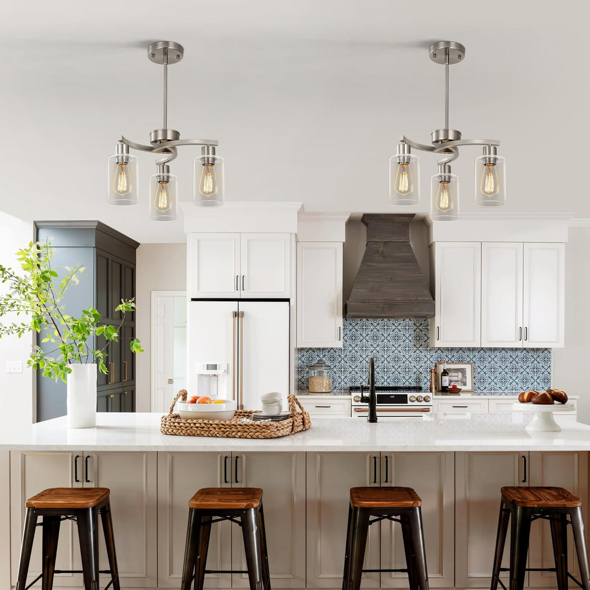 3-Light Brushed Nickel Pendant Lighting for Kitchen Island, Hanging Dining Room Light Fixtures Over Table, Industrial Chandelier for Entryway Hallway Foyer Bedroom, Clear Glass Shade