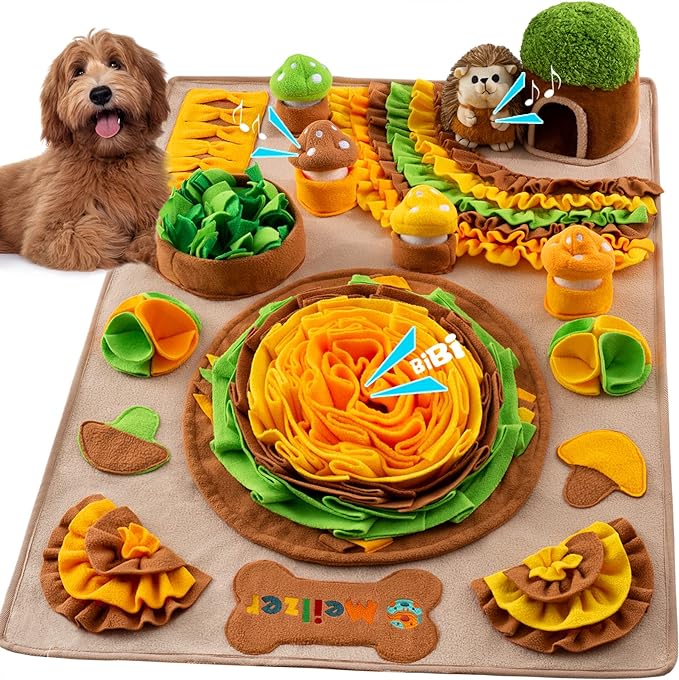 Large Snuffle Mat for Dogs 40'' x 27.5'' Sniff Mat with Hedgehog Puzzle Toy Squeaky Mushrooms Interactive Toys Portable Feeding Mat for Foraging Skills
