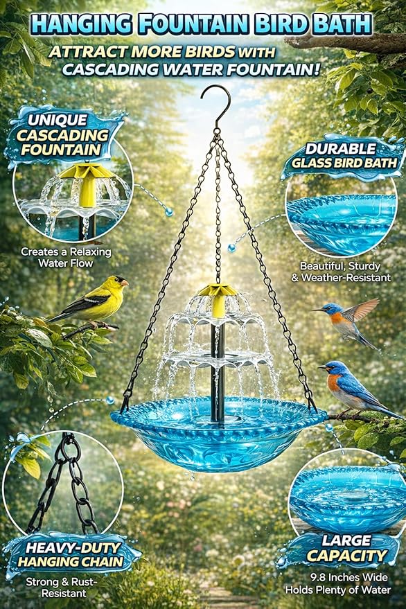 Solar Cascade Hanging Bird Bath Fountain, 2026 New Outdoor Hanging Bird Bath with Solar Fountain, Large Humming Birds Baths Fountains, with Solars Pump & Glass Bowl, for Outdoor, Gardens (#3)