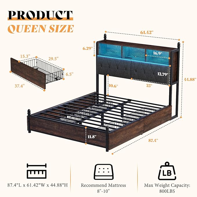 AMERLIFE Queen Size Bed Frame with Bookcase Headboard, 4 Storage Drawers, Wooden Platform Bed with Charging Station & LED Light, No Box Spring Needed, Noise-Free, Rustic Brown