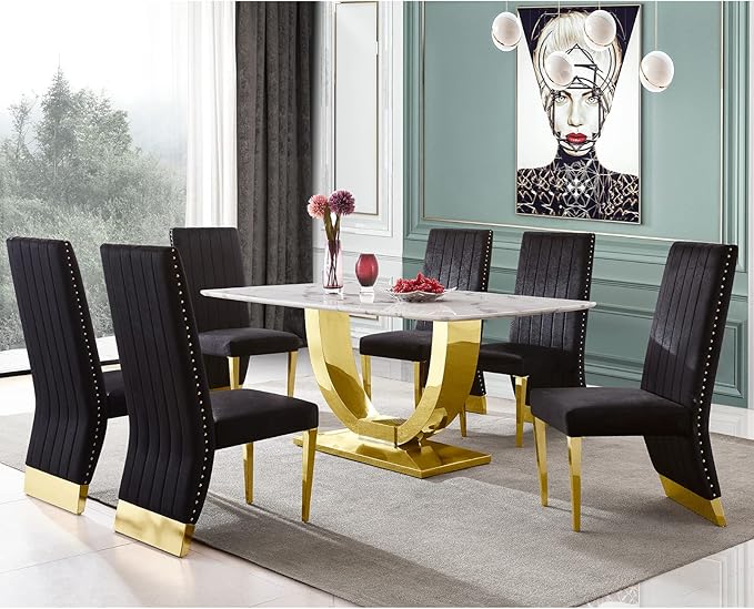 AUZ Black and Gold Dining Chairs Set of 4, Black Velvet Dining Room Chair with Nailhead Trim and Gold Polished Metal Legs, Luxury High Back Dining Chairs