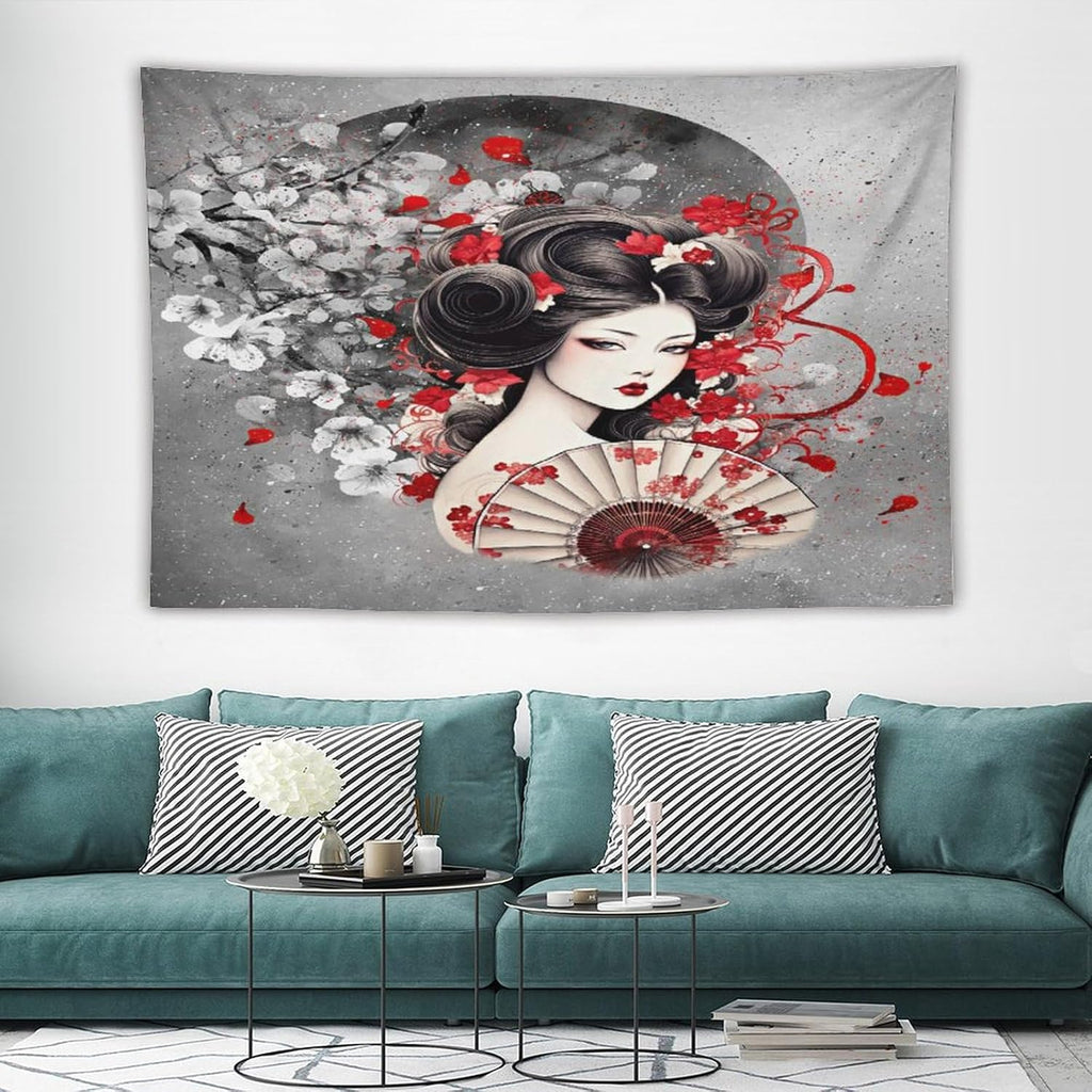 Japanese Geisha Tapestry Asian Red Cherry Blossom Red Sun Traditional Kimono Folk Tapestries Home Decor for Living Room Bedroom Apartment Farmhouse Dorm 90"x60"