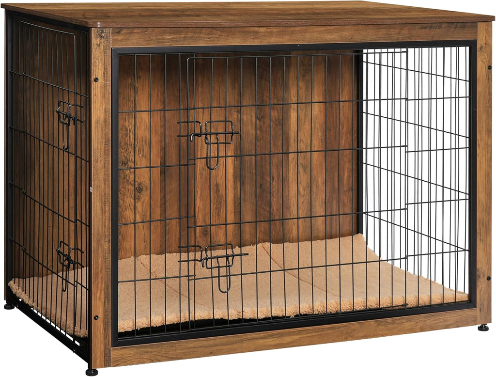 DWANTON Dog Crate Furniture with Cushion, Wooden Kennel Table with Double Doors, Indoor Dog House, Extra Large, 43.3" L, Warm Brown
