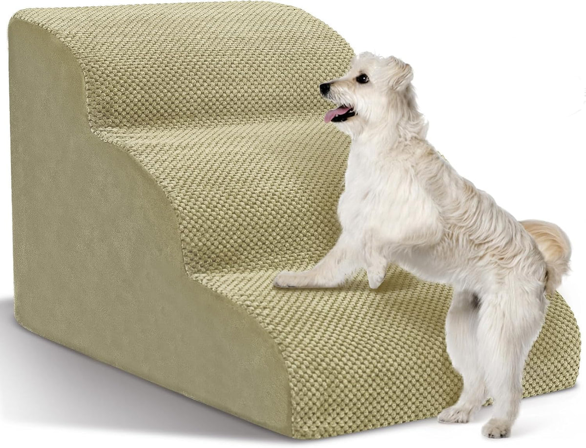 Dog Stairs for Small Dogs - High Density Foam Pet Steps, Extra Wide Dog Ramp with Non-Slip Bottom for High Beds, Couch and Sofa, Best for Dogs Injured, Older Doggy Cats,3 Steps, Camel