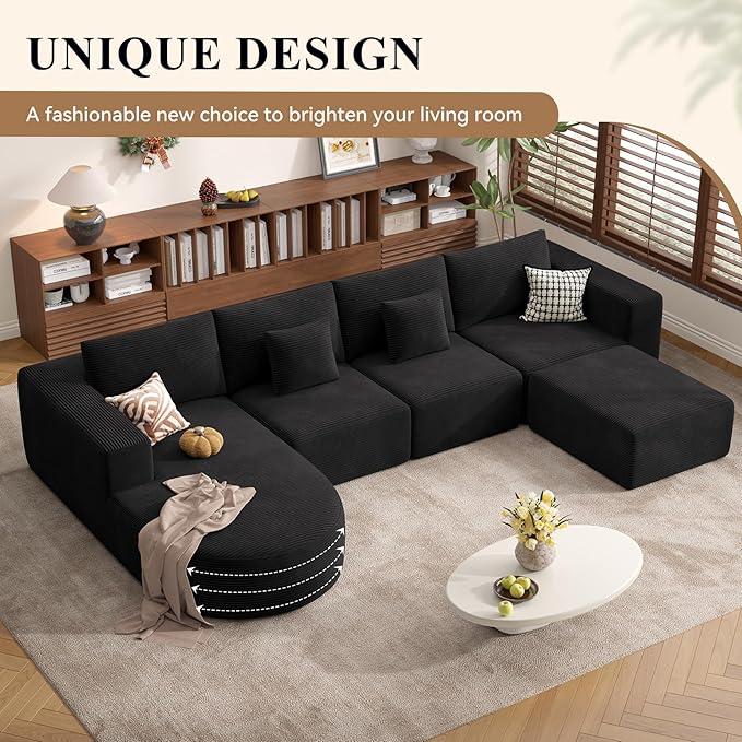 134" Boneless Couches for Living Room,Modular Sectional Sofa with Ottoman,Cloud Couch in a Box,Sponge Compression U Shaped Sofas with Chaise No Assembly Required,Black,1pcs