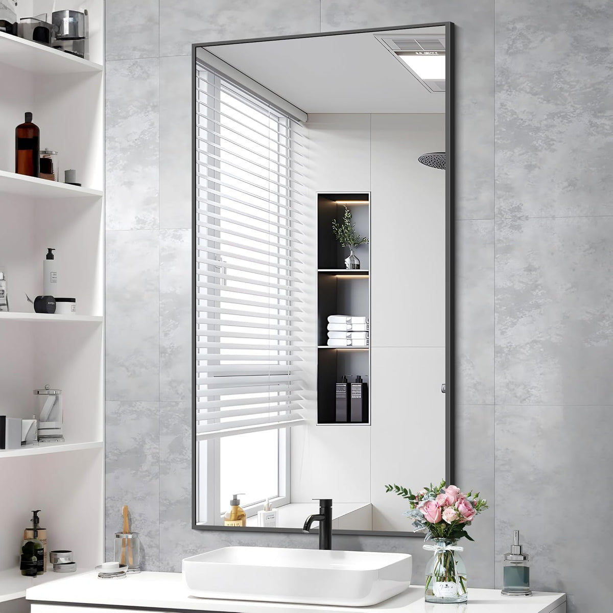 48x24In Black Bathroom Mirror for Wall, Rectangle Mirrors with Metal Frame, Bathroom Rectangular Mirror Modern Wall Mirror for Bedroom Living Room, Entryway Hangs Horizontal or Vertical