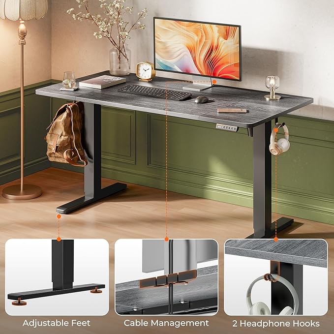Huuger 55 x 28 Large Electric Standing Desk, Height Adjustable Desk, 27.6" Deep Desktop, Stand up Gaming Computer Office Desk with 2 Hooks, 3 Preset Heights, for Home Office, Grey