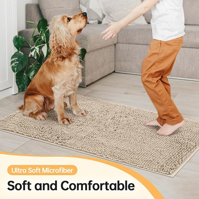 Absorbent Dog Door Mat for Muddy Paws, 60" x 24" Chenille Indoor Mats for Entryway, Trap Dirt Front Door Mat Indoor Entrance Washable Non Slip Soft Beige