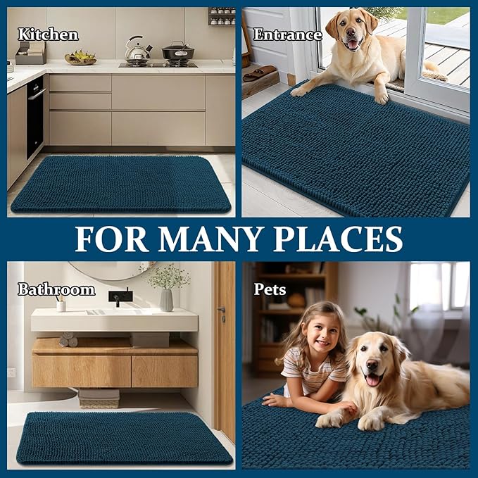 OLANLY Dog Door Mat Set 4-Piece 30x20, Absorbs Moisture and Dirt, Absorbent Non-Slip Washable Doormat, Quick Dry Chenille Mud Mat for Dogs, Entry Indoor Entryway Carpet for Inside Floor, Atlantic Blue