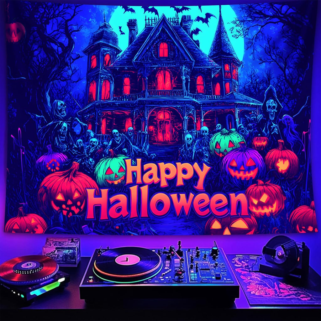 Halloween Tapestry, Blacklight Tapestry for Halloween Party Decor Hanging Tapestries Backdrop Wall Art Poster for Bedroom Dorm 79x59in