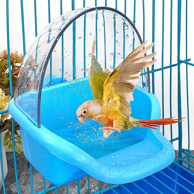 Bird Bath Box Hanging Birdbath Toy Parakeet Caged Bathing Tubs Parrot Bath Tub Water Shower Food Feeder Holder Tray Bird Bath for Cage Accessory Small Birds Parrots Cockatiel Budgies